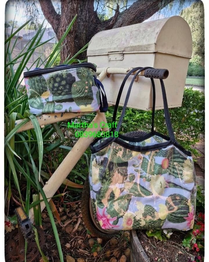 Martha’s patterned bags displayed outdoors